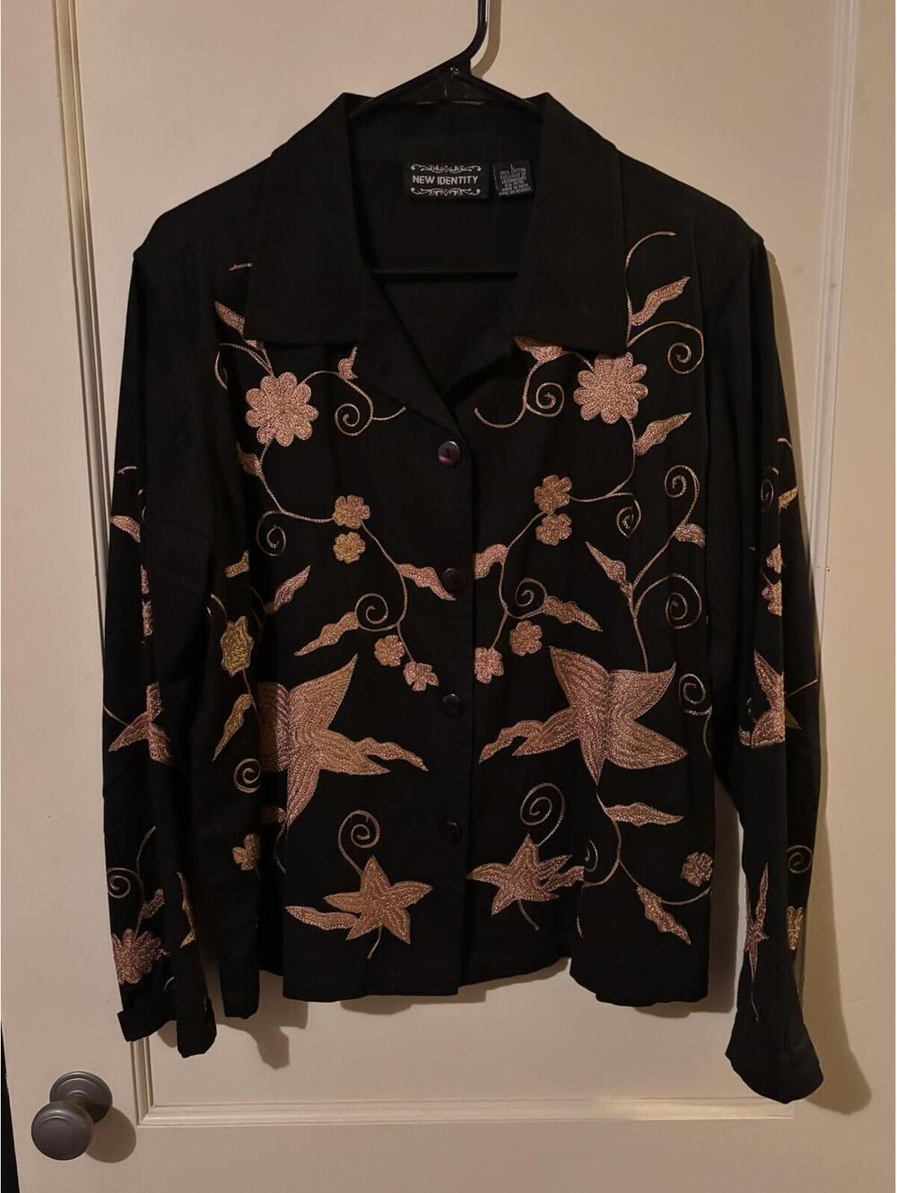 New Identity Black Embroidered Floral Button Front Blouse Jacket